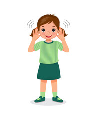 cute little girl with hearing problem try listening attentively by putting her hand to both ears