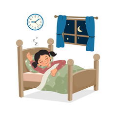 cute little child girl sleeping good night in bed at home 