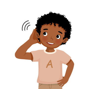 cute little African boy with hearing problem try listening attentively by putting his hand to his ear