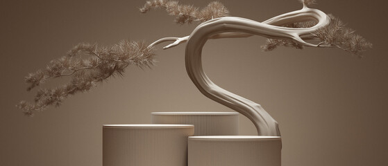 japanese style minimal abstract cosmetic background.podium and bonsai tree with brown background for product presentation. 3d rendering illustration.