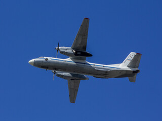 Military equipment on the special plane flying above the city. The concept of fighting against military action.