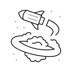 rocket flying around planet line icon vector illustration