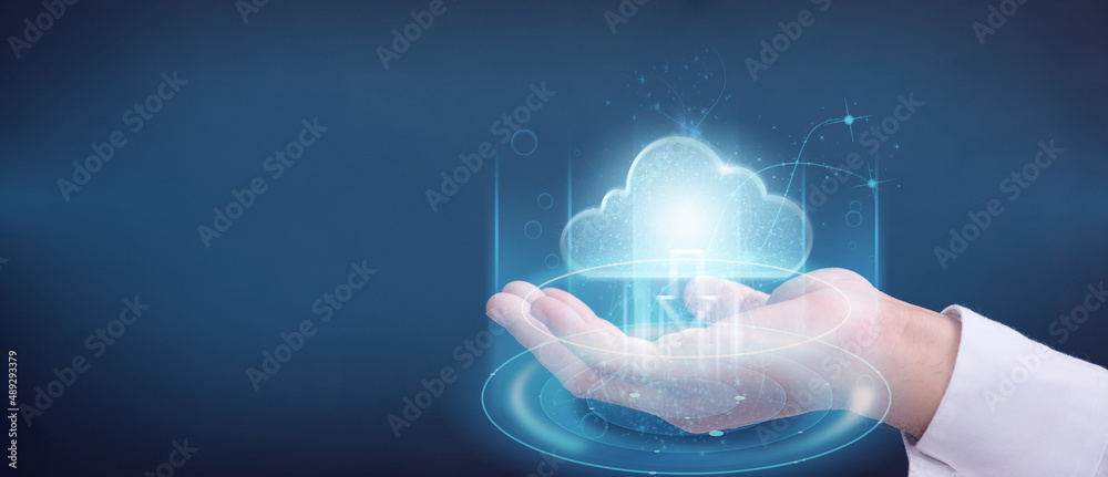 Poster double exposure connecting a cloud computing service to a consumer network connection icon online st