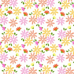 Seamless Pattern of Hand Drawn Flowers on White Background