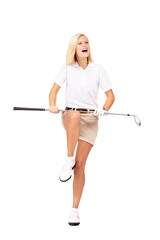 Fototapeta na wymiar When I get mad, my clubs tend to snap. Studio shot of a young golfer holding her golf club over her knee to snap it in frustration isolated on white.