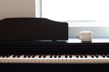 Piano and Electronic piano keyboard with black backgrounds. Closeup of black and white piano keys, ...