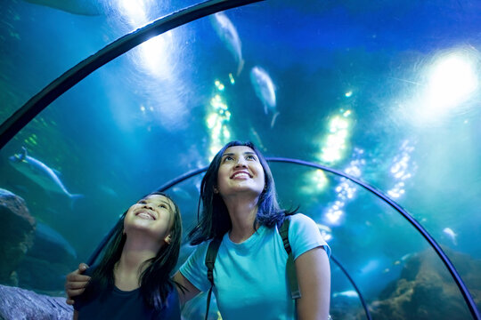 happy mommy and daughter enjoying the underwater aquarium
