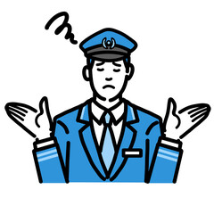 両手を上げて困っている車掌の男性
