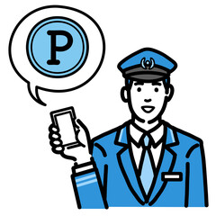 スマートフォンを持ってポイントの説明をしている車掌の男性
