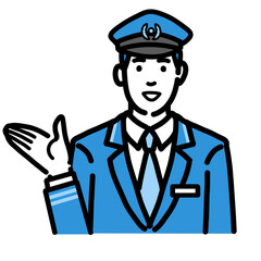 笑顔で説明をしている車掌の男性
