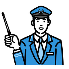 指し棒を持って解説をしている車掌の男性
