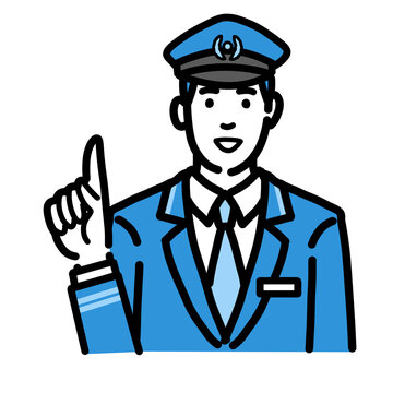 recommend clip art: 笑顔で提案をしている車掌の男性
                    
