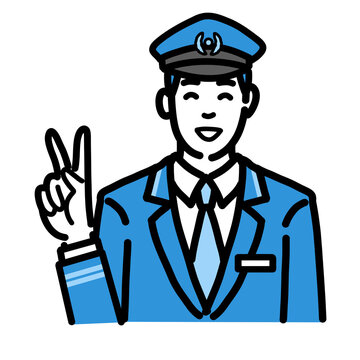recommend clip art: 笑顔でピースサインをしている車掌の男性
                    