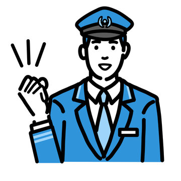 recommend clip art: 笑顔でガッツポーズをしている車掌の男性
                    