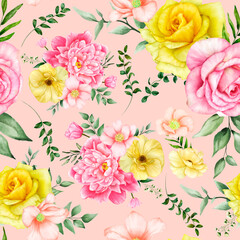 Beautiful hand drawn floral watercolor seamless pattern