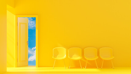 Yellow door is open Outside was bright sky and four chair. Light from the side creates high contrast. Space for banner and logo background. 3D Render.