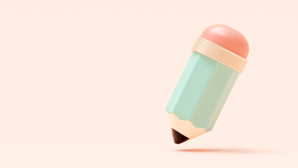 Short chubby pencil, green, dark pink eraser. on light pink background. Designed in pastel tones, 3D Render.