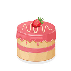 Tort z różowym kremem i truskawką. Uroczy deser. Ciasto urodzinowe. Wektorowa ilustracja na kartkę urodzinową. Słodkie jedzenie, kolorowy pyszny deser na przyjęcie.