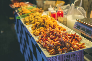 Grilled shrimp and crab food from Mae Khong river, Grilled small shrimp food in Chiang Khan Loei Northeast Thailand, Walking Street