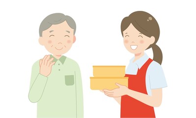 宅食サービススタッフと高齢者の男性