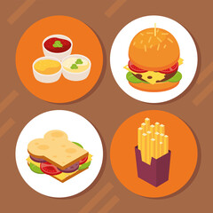 four isometric fast food icons