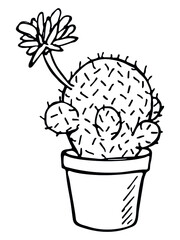Cute hand drawn simple cactus. Houseplant in a pot clipart. Cacti illustration isolated on white background. Cozy home doodle.
