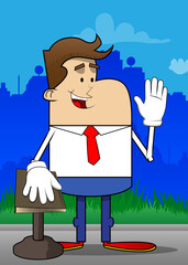 Simple retro cartoon of a businessman raising his hand and put the other on a holy book. Professional finance employee white wearing shirt with red tie.