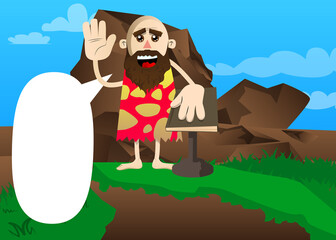Cartoon prehistoric man raising his hand and put the other on a holy book. Vector illustration of a man from the stone age.
