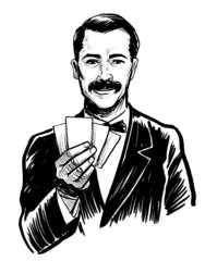 Gambler with playing cards. Ink black and white drawing