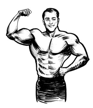 Athletic man flexing biceps. Ink black and white drawing