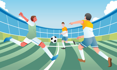 football match is in progress in the stadium, football players are playing in the field vector illustration