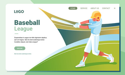 Landing page illustration of baseball league, baseball player hitting the ball in the stadium