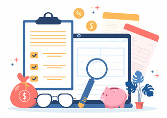 Tax Form of State Government Taxation with Forms, Calendar, Audit, Calculator or Analysis to Accounting and Payment in Flat Background Illustration