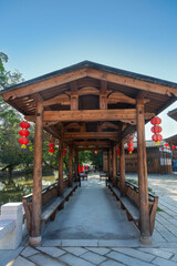 Wooden long corridor in a Chinese traditional architecture Park,Fuzhou,Fujian,China
