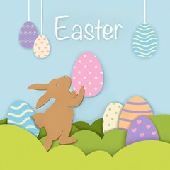 Paper cut style with rabbit and Easter egg in the grass. For Easter - invitation, greeting card, posters and wallpapers.