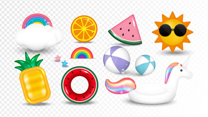 Set of summer elements. Collection of sun, cloud, rainbow, starfish, orange, beach balls, inflatable pool float toy isolated on transparent background. Vector illustration. - obrazy, fototapety, plakaty