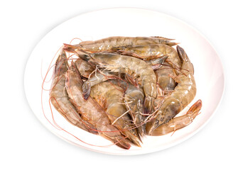 Fresh shrimp or prawn on white plate, Raw prawns 
 isolate on white woodend background with clipping path.