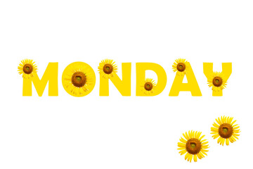 monday message card with yellow flowers sunflowers arrangement flat lay postcard style on...
