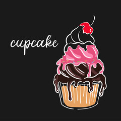cupcake illustration on dark background hand drawn