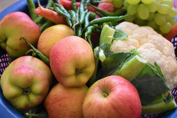 Fresh vegetables and fruits mix healthy food background concept