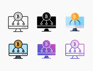 Computer with monitor bitcoin icon set with different styles. Style line, outline, flat, glyph, color, gradient. Editable stroke and pixel perfect.