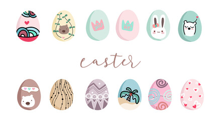 Cute cartoon style  easter egg decorated . Pastel color for easter eggs. Happy eater.