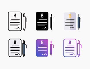 Contract bitcoin paper pen signature icon set with different styles. Style line, outline, flat, glyph, color, gradient. Editable stroke and pixel perfect.and more.