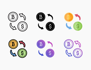 Exchange bitcoin dollar icon set with different styles. Style line, outline, flat, glyph, color, gradient. Editable stroke and pixel perfect. Can use for digital product, presentation, or print design