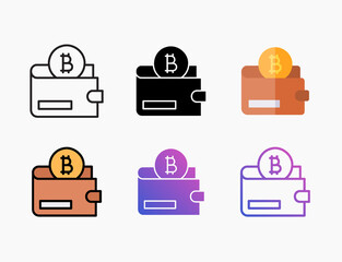 Wallet bitcoin icon set with different styles. Style line, outline, flat, glyph, color, gradient. Editable stroke and pixel perfect. Can use for digital product, presentation, or print design.