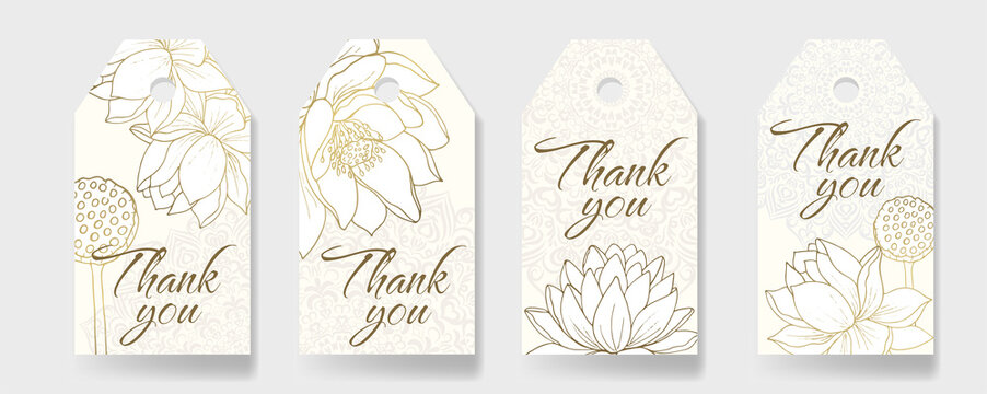 Background templates with lotus flowers and curly mandalas for thank you tags, wedding tags, birthday tags, labels, printable.
