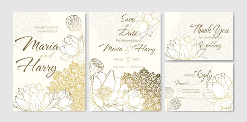 Set of 4 invitation design templates with mandala and lotus. Golden pattern for floral Wedding card, Save the date, Thank you, Rsvp postcard. 