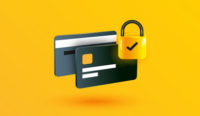 Credit card security icon on yellow backround. Money protection online banking sign or symbol design for mobile applications and website concept 3d vector illustration style