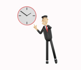 3d bussiness man character pointing at the clock isolated on white background .3d render illustration
