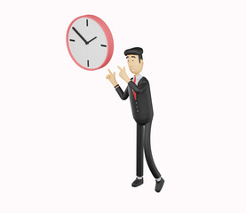 3d bussiness man character pointing at the clock isolated on white background .3d render illustration